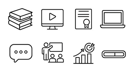 Professional Development Icons. Outline icon set of professional development: books, webinar, certificate,