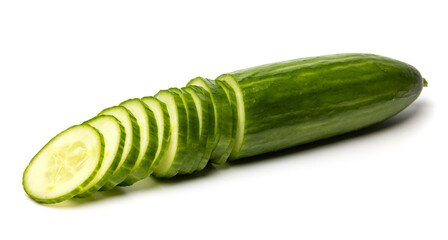 Photo of sliced green ripe natural organic cucumber isolated on white background