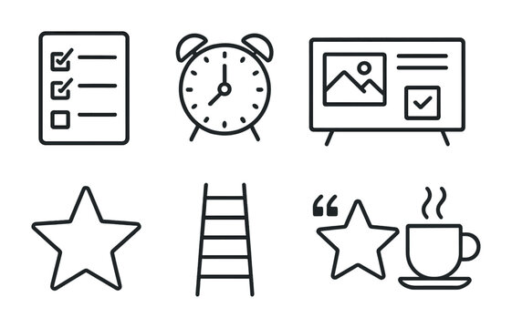 Motivation Icon Set. Outline icon set of goal setting and motivation: checklist, alarm clock, vision board,