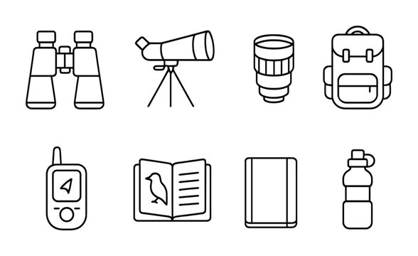 Birdwatching Gear Icons. Outline icon set of birdwatching gear: binoculars, spotting scope, camera lens,