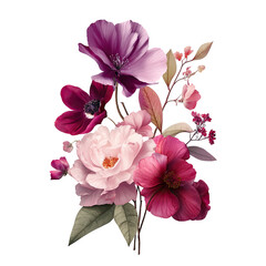 Romantic floral bouquet in muted purples, pinks, and reds