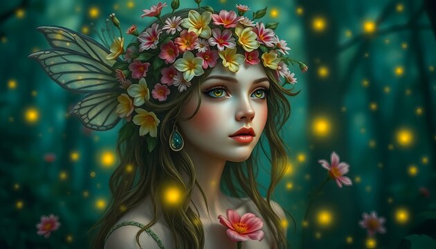 Beautiful fairy with flower crown and butterfly wings in magical forest scene art