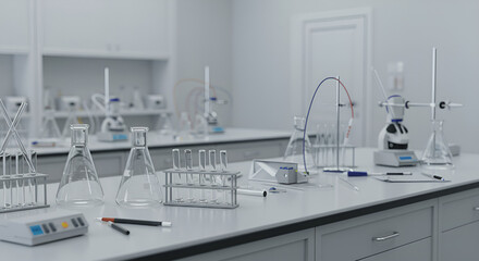 Naklejka premium A clean, bright laboratory workspace with scientific equipment arranged on a white countertop.