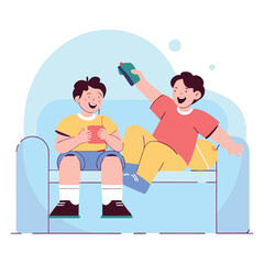 Two happy boys enjoying time together on a couch one playing a game on a tablet and the other holding a remote control