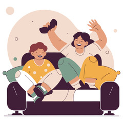Joyful mother and child relax on a couch watching television and enjoying a fun casual evening together at home