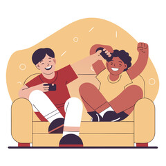 Two happy friends enjoying a video game together while sitting on a couch celebrating victory and fun