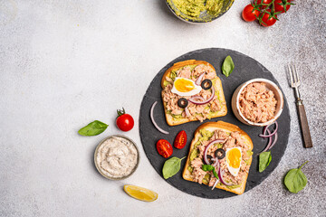Tuna toast. Open sandwiches with whole grain bread, canned tuna, onion and boiled egg. Top view