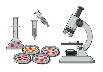 A stylized illustration depicts a laboratory setup with petri dishes, flasks, and a microscope, showcasing stem cell research. Clean, modern design with a focus on scientific concepts.
