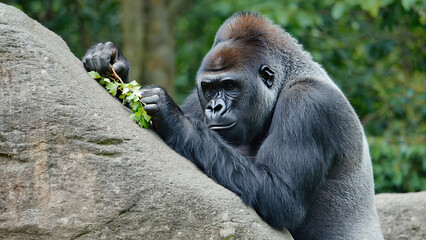 Obraz premium Majestic gorilla resting on rock with green foliage in natural habitat