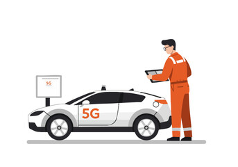 technician monitors a 5G-enabled autonomous vehicle with a tablet Modern clean illustration showcasing automotive technology and remote oversight Suitable for tech automotive and future concepts