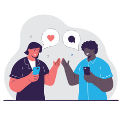Two smiling friends share a happy moment while looking at their phones with a heart symbol indicating affection