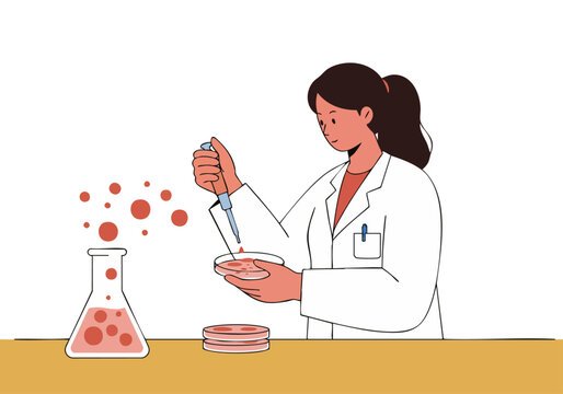 A female scientist prepares cells in a lab, using a pipette. She wears a lab coat and focuses on the petri dish. Modern, clean illustration.