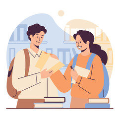 Two smiling students with backpacks and books collaborate on a project in a library setting