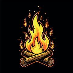 Campfire Illustration. Burning Bonfire with Logs and Sparks on a Black Background. Outdoor Adventure and Camping Symbol.