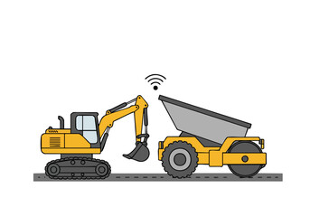 A yellow excavator and dump truck work on a 5G road construction site. Wireless signal connection is visible. Modern, industrial scene.