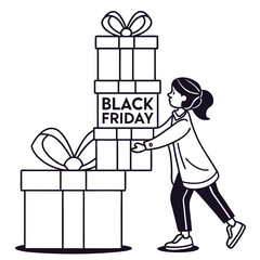 Girl carrying stacked gifts labeled Black Friday in minimalist style  