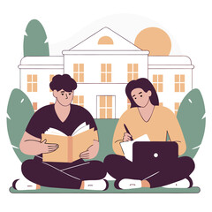 Students studying together on campus in front of a university building on a sunny day