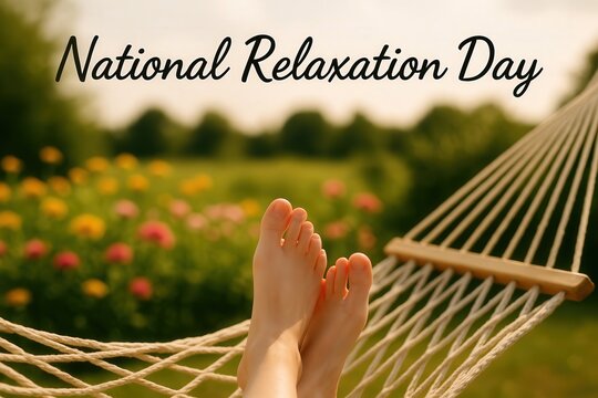 Feet relaxing in hammock on National Relaxation Day in sunny garden