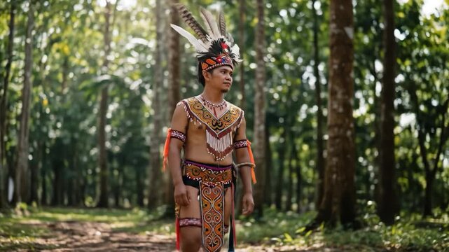 Indigenous Borneo Man in Traditional Dress Poses in Forest