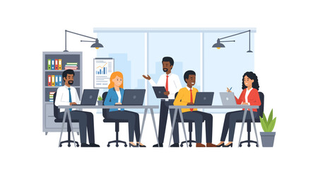 Diverse team collaborating in a modern office using laptops and discussing project.