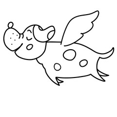 Unusual winged dog flies with eyes closed, dream, black outline