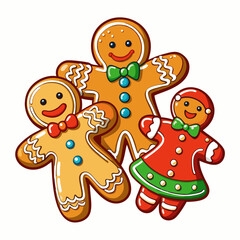 Naklejka premium Gingerbread cookies. Christmas themed. decorative design. in a festive setting. Three figurines with decorative icing. presented together. in a vibrant illustration.