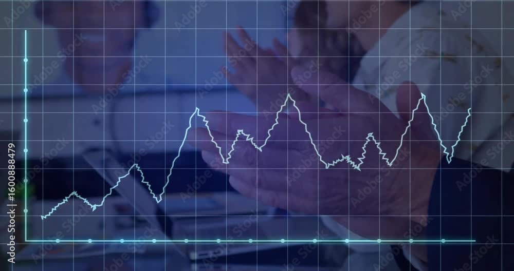 Aufkleber business professionals clapping while grid fading in and line plotting finance peaks for analysis