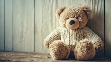 Obraz premium Teddy bear in a sweater sitting on wooden floor against light wood wall, friendly and inviting, copy space banner.