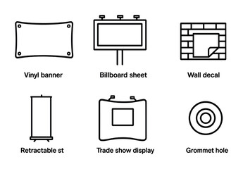 Modern Print Icons. Outline icon set of large format prints: vinyl banner, billboard sheet, wall decal, floor