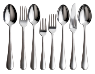  Silver Serving Spoons and Fork Aligned Neatly Side by Side, Top-Down View, Transparent Background