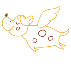 Unusual winged dog flies with eyes closed, dream, outline