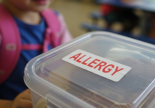 Child with allergy warning on lunchbox in school setting