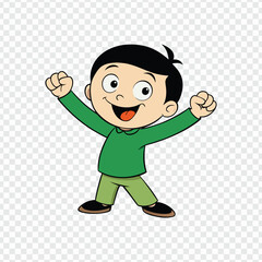 Fototapeta premium Cheerful Cartoon Boy Illustration with Raised Arms and Excited Smile in Green Shirt