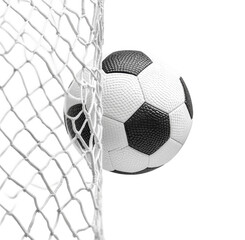 Naklejka premium Soccer ball nestled in the goal net against a solid transparent background