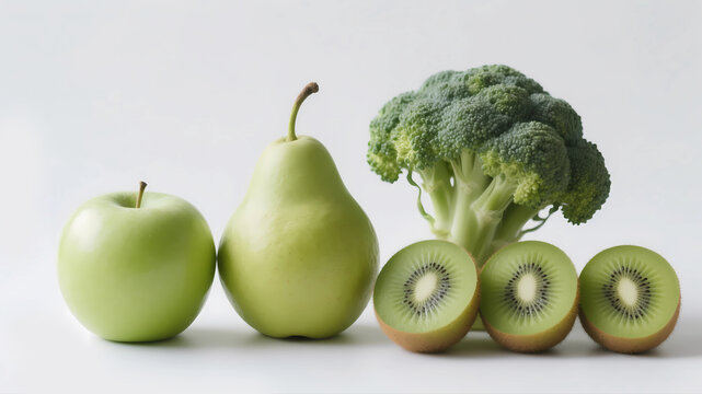 fresh green apples and kiwi fruits on white background