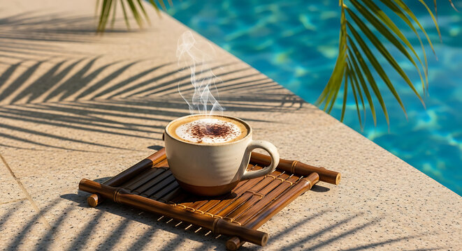 Relaxing poolside with a cappuccino enjoying the summer breeze and calming blue water retreat