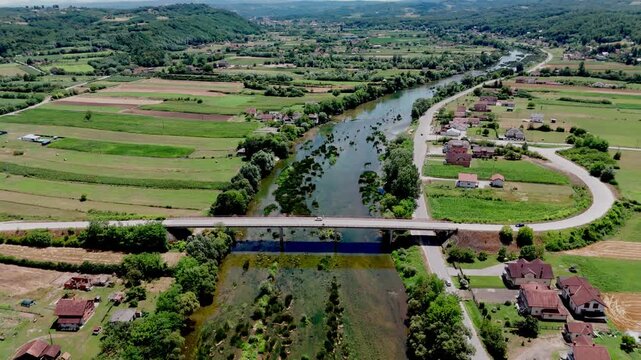 Aerial View of the Sana River Flowing Through the Valleys of Prijedor, Bosnia and Herzegovina