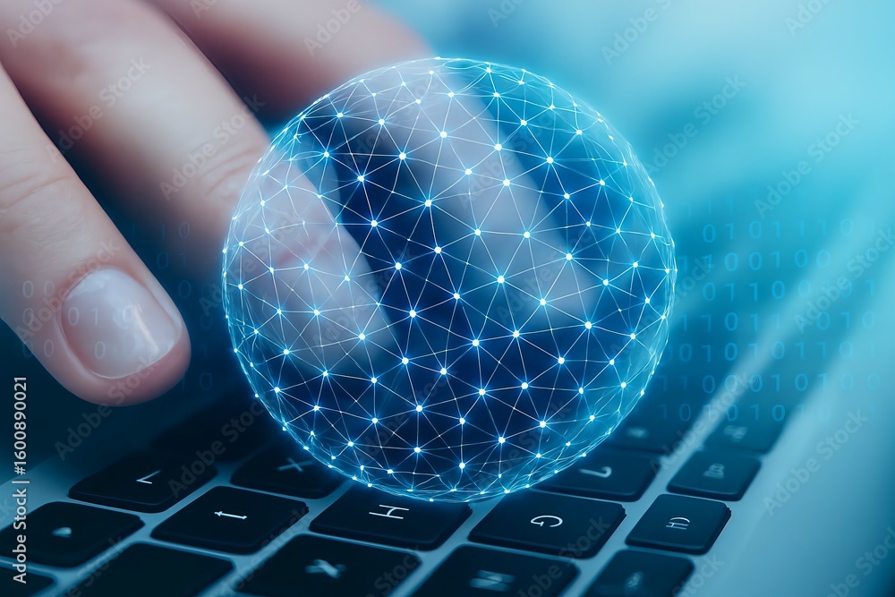 Poster close up of a human finger touching a glowing digital sphere of interconnected nodes and lines on a 