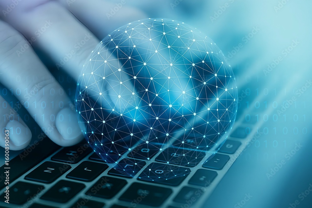 Poster close up of a human hand interacting with a glowing digital brain network overlay on a laptop keyboa