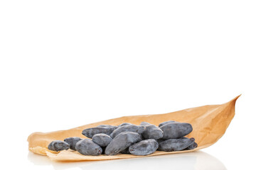 Sweet honeysuckle berries isolated on white background, top view.