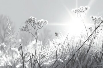 Winter Plants Under Sunbeam Grayscale Landscape