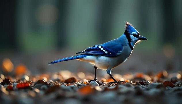 Blue jay walking on forest floor