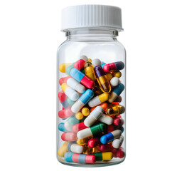 Colorful assortment of prescription pills and capsules in a clear bottle on transparent background