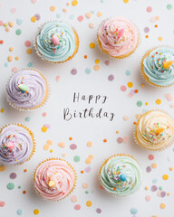 text Happy Birthday with cupcakes