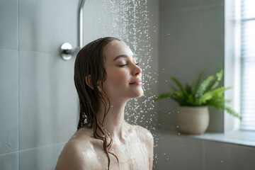 Peaceful Shower in Natural Light – A Soft and Refreshing Moment of Stillness in a Bright, Plant-Filled Bathroom