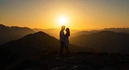 Romantic Embrace at Sunset Couple Silhouetted Against Mountain Vista