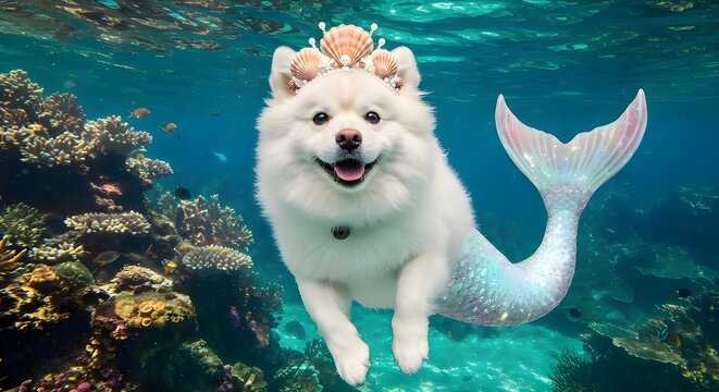 Happy dog with mermaid tail and crown underwater