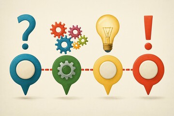 Conceptual infographic illustrating a problem solving process with question mark gears light bulb and exclamation point markers