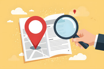 Location, Direction, Search: A detailed search for navigation, the vibrant image focuses on exploring destination with magnifying glass.