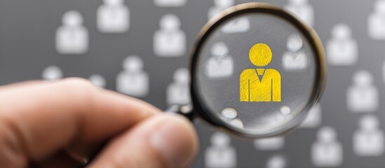 Magnifying Glass Focusing on Customer Profiles with Yellow Person Icons for Employee Selection on Light Gray Background